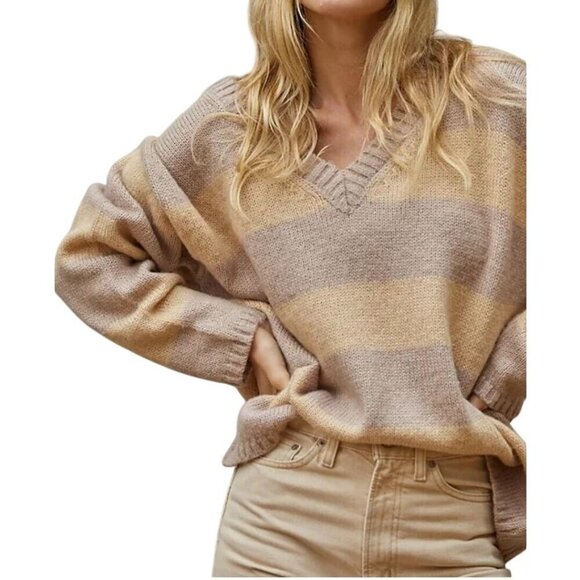 By Together Milie Striped Sweater V Neck Cozy Soft Wool Blend Neutral Size S - Picture 5 of 8